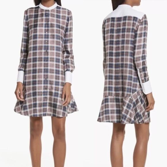 Tory Burch Cora Milano Tartan Silk Mini Brown Blue Shirt Dress Plaid Size 0 - Picture 1 of 15